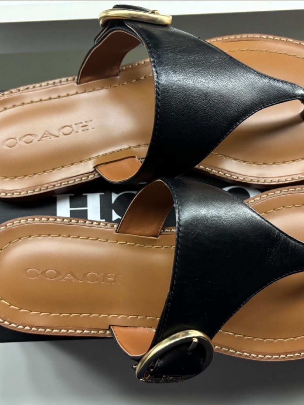 Coach Black Leather Thong Sandals with Gold Coach Carriage Buckle - Picture 2 of 3